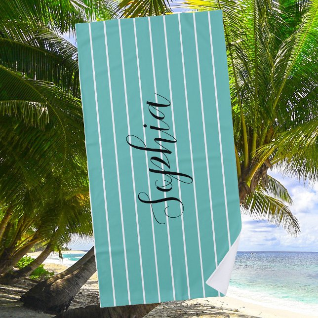 Teal Stripes on White & Black Script Name 2 Beach Towel (Creator Uploaded)