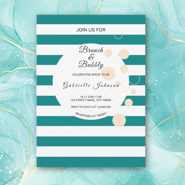 Teal Stripes Polka Dot Brunch Bubbly Bridal Shower Invitation (Creator Uploaded)