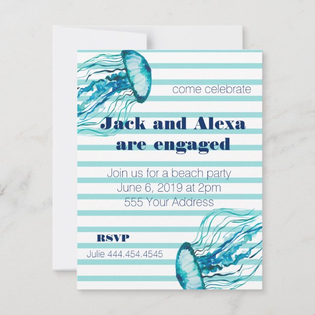 Teal Stripes Watercolor Jellyfish Beach Party Invitation (Back)