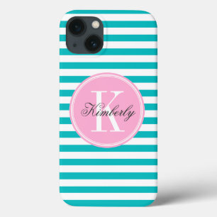 Teal Stripes with Bubblegum Pink Monogram iPhone 13 Case