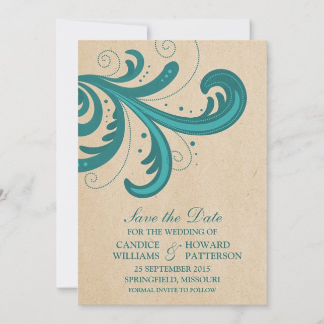 Teal Stylish Swirls Save the Date Invite (Front)