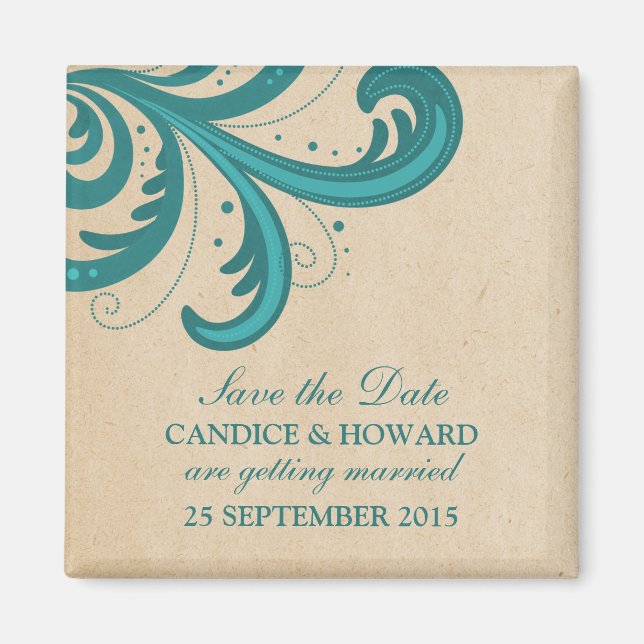 Teal Stylish Swirls Save the Date Magnet (Front)