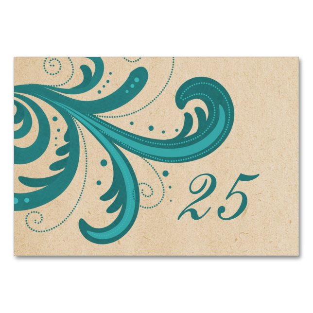Teal Stylish Swirls Table Card (Front)