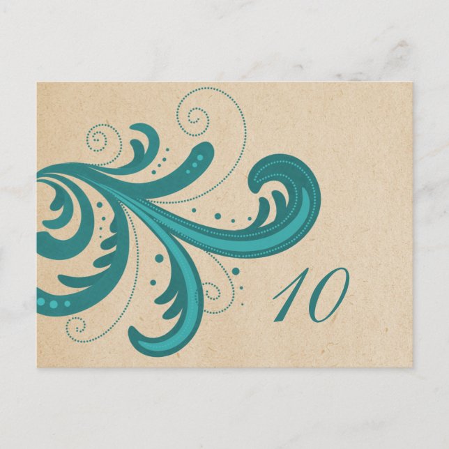 Teal Stylish Swirls Table Number Postcard (Front)