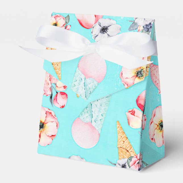 Teal Summer Fun Flower Ice Cream Cone - Pattern Favour Box (Front Side)