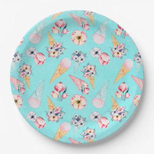 Teal Summer Fun Flower Ice Cream Cone - Pattern Paper Plate