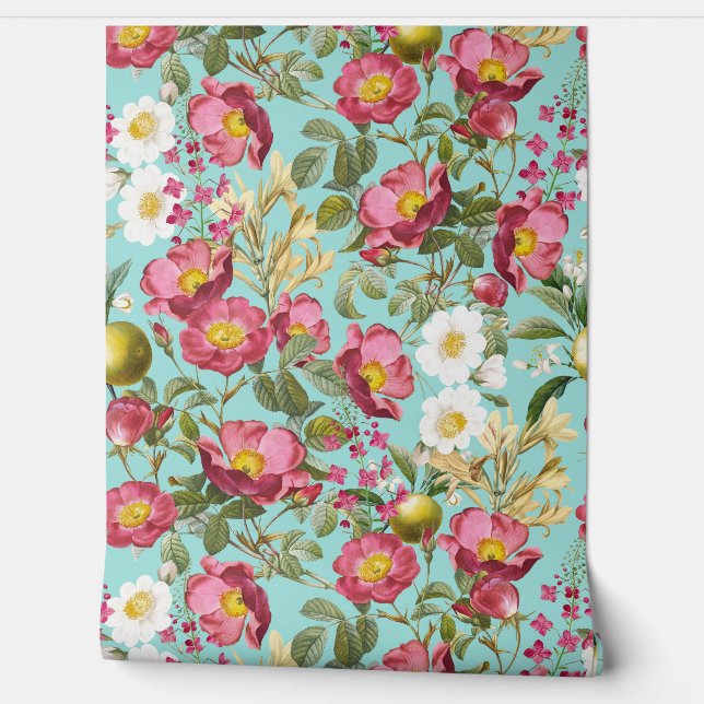 Teal Summer Garden - Vintage Redouté Cottage Roses Wallpaper (Unrolling)