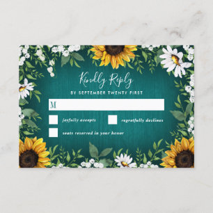 Teal Sunflower Country Rustic Wedding RSVP Cards