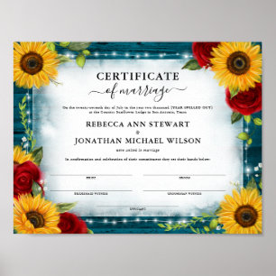 Teal Sunflower Rose Wedding Marriage Certificate Poster