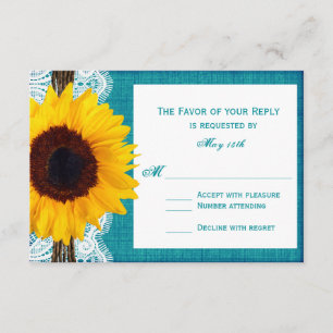 Teal Sunflower Rustic Country Wedding RSVP Cards