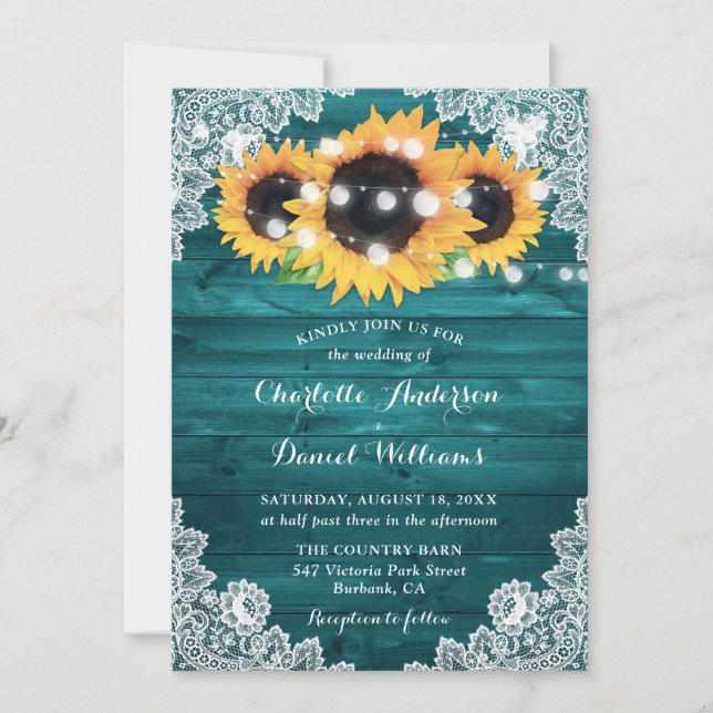 Teal Sunflower Rustic Wood Lace Wedding Invitation (Front)