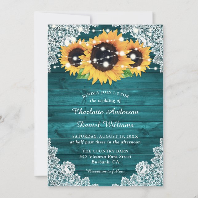 Teal Sunflower Rustic Wood Lace Wedding Invitation (Front)