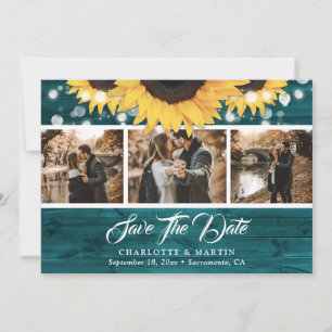 Teal Sunflower Rustic Wood Wedding 3 Photo Save The Date