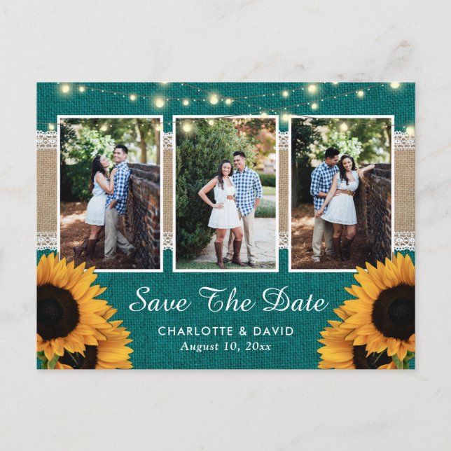 Teal Sunflower Save The Date Photo Postcards (Front)