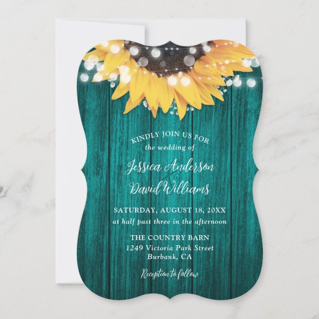 Teal Sunflower String Lights Wood Wedding Invitation (Front)