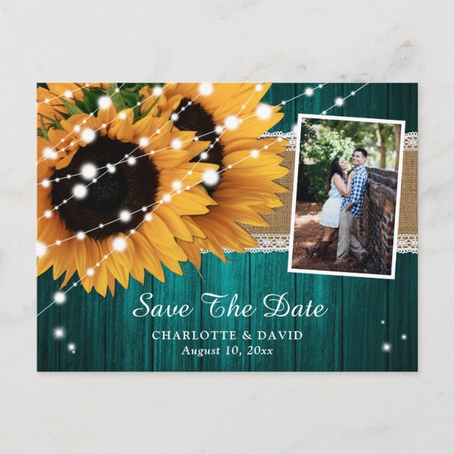 Teal Sunflower Wedding Photo Save The Date Announcement Postcard (Front)