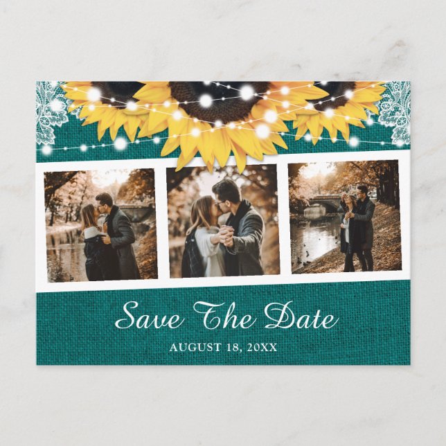Teal Sunflower Wedding Photo Save The Date Announcement Postcard (Front)