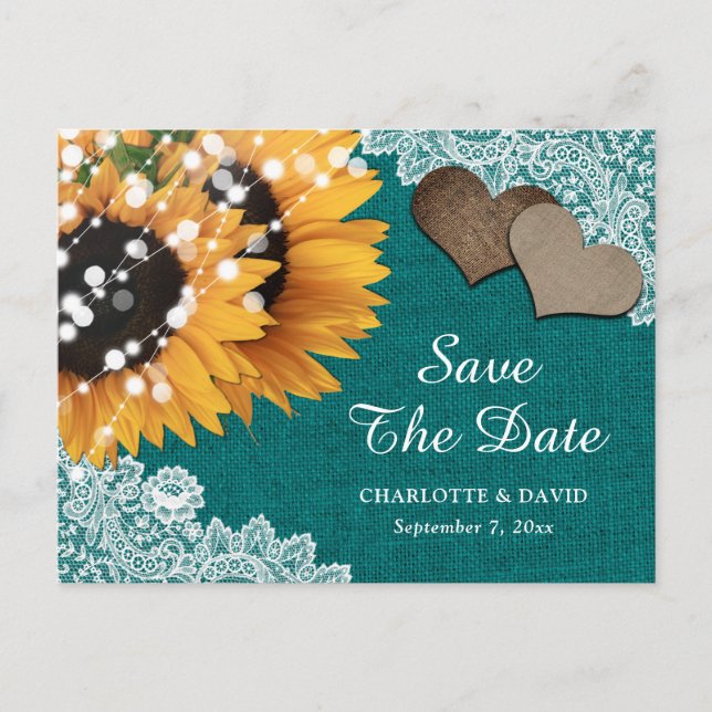 Teal Sunflower Wedding Save The Date Postcard (Front)