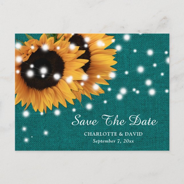 Teal Sunflower Wedding Save The Date Postcard (Front)