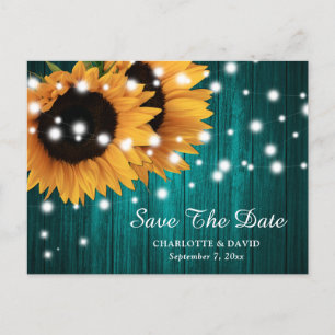 Teal Sunflower Wedding Save The Date Postcard
