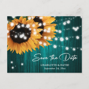 Teal Sunflower Wedding Save The Date Postcard
