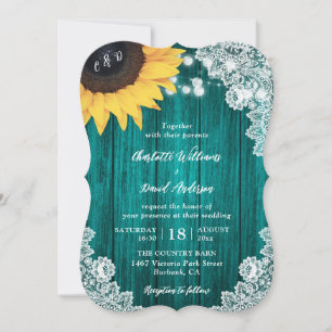 Teal Sunflower Wood Floral Lace Wedding Invitation
