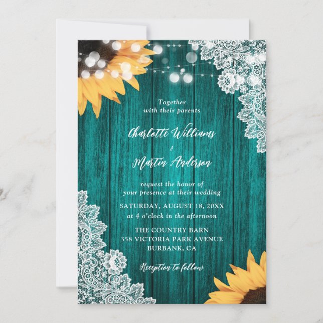 Teal Sunflower Wood Floral Lace Wedding Invitation (Front)