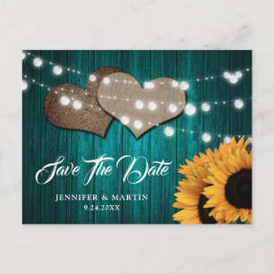 Teal Sunflower Wood Lights Burlap Hearts Wedding Postcard