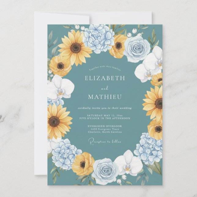 Teal Sunny Sunflower Wedding Invitation (Front)