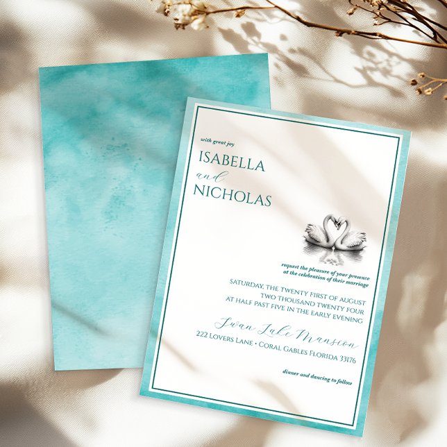 Teal Swan Lake Watercolor Wedding Invitation (Elegant Teal Wedding Invite)