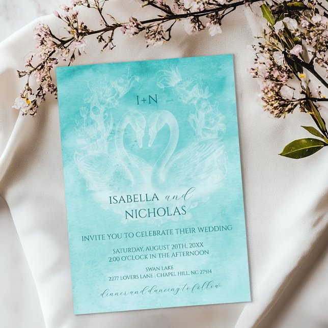 Teal Swan Wedding Invitation with Monogram (Teal Romantic Wedding Invite)