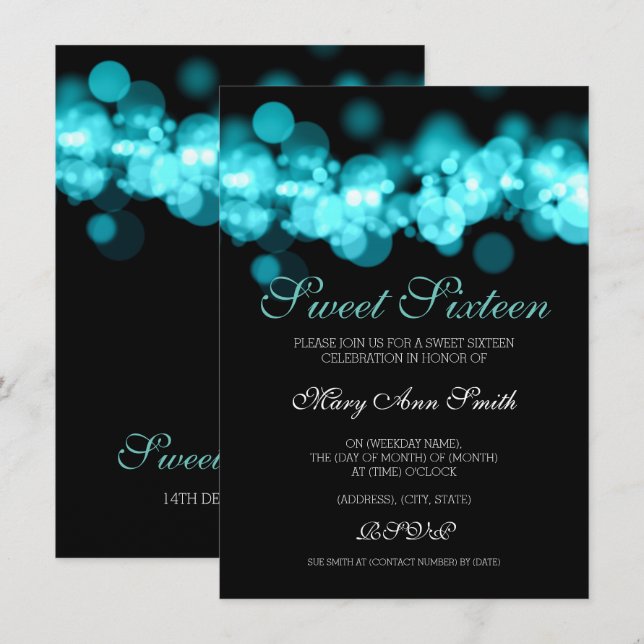 Teal Sweet 16 Birthday Bokeh Lights Invitation (Front/Back)