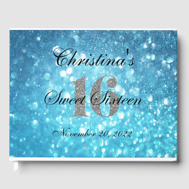 Teal Sweet 16 Silver Glitter Custom Guest Book (Front)