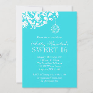 Teal Sweet 16 Winter Wonderland Swirl Ornament Invitation