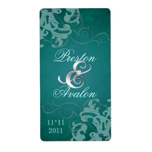 Teal Swirl Silver Jewelled Wedding Wine Label (Front)