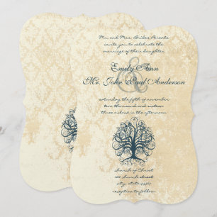 Teal Swirl Tree Lace Damask Wedding Invitations