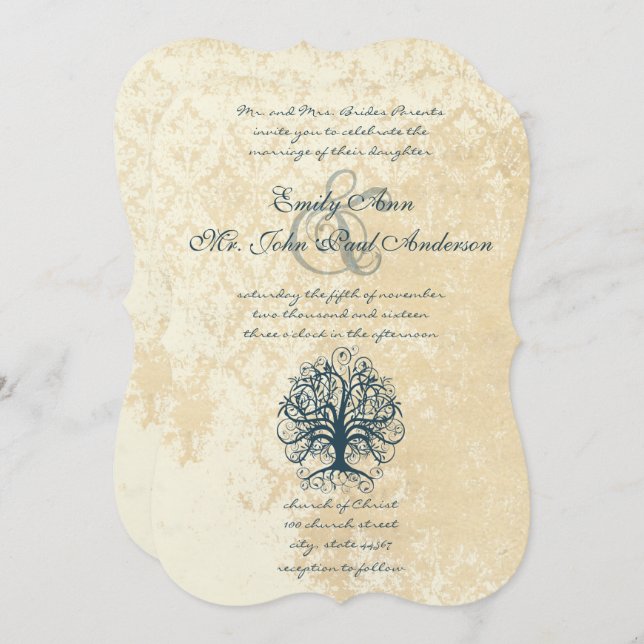 Teal Swirl Tree Lace Damask Wedding Invitations (Front/Back)