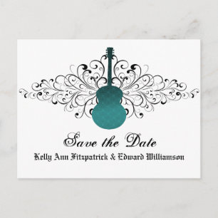 Teal Swirls Guitar Save the Date Postcard