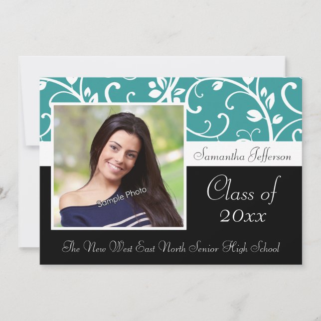 Teal Swirly Vine Photo Graduation Announcement (Front)