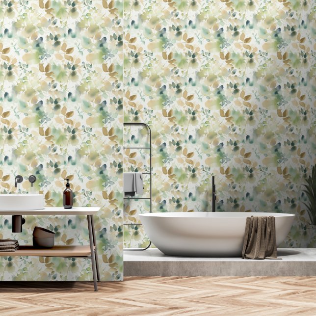 Teal & Tan Abstract Leaf Retreat Wallpaper (Bathroom)