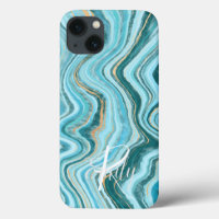Teal & Tan Agate Marble Abstract Name Monogram
