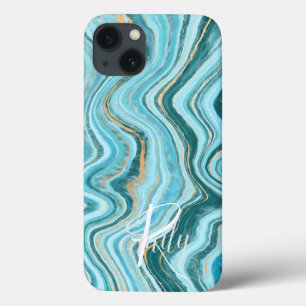 Teal & Tan Agate Marble Abstract Name Monogram iPhone 13 Case