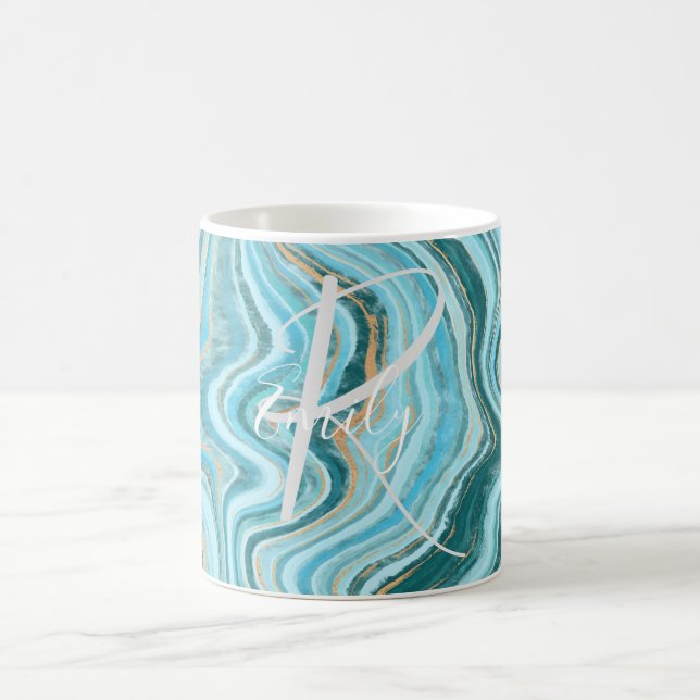  Teal Tan Agate Marble Abstract Name Monogram  Coffee Mug (Center)