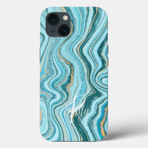 Teal & Tan Agate Marble Abstract Name Monogram iPhone 13 Case