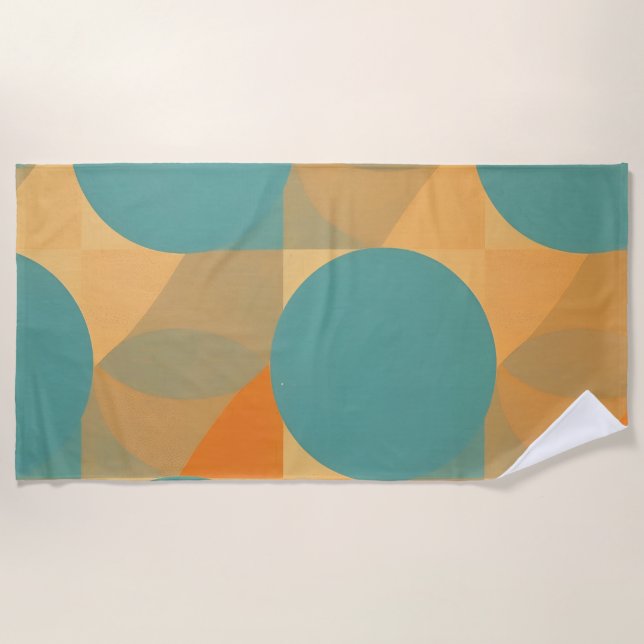 Teal, Tan, and Orange in Retro Look Pattern Beach Towel (Front)