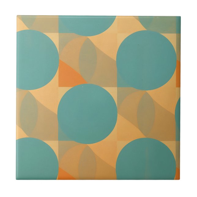 Teal, Tan, and Orange in Retro Look Pattern Ceramic Tile (Front)