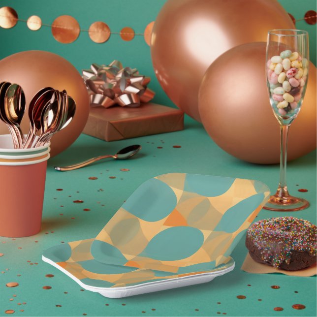 Teal, Tan, and Orange in Retro Look Pattern Paper Plate (Multi)