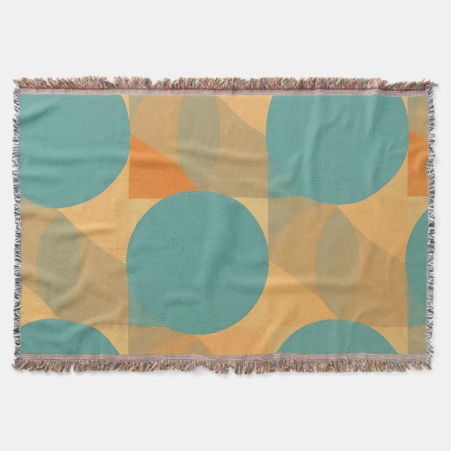 Teal, Tan, and Orange in Retro Look Pattern Throw Blanket (Front)