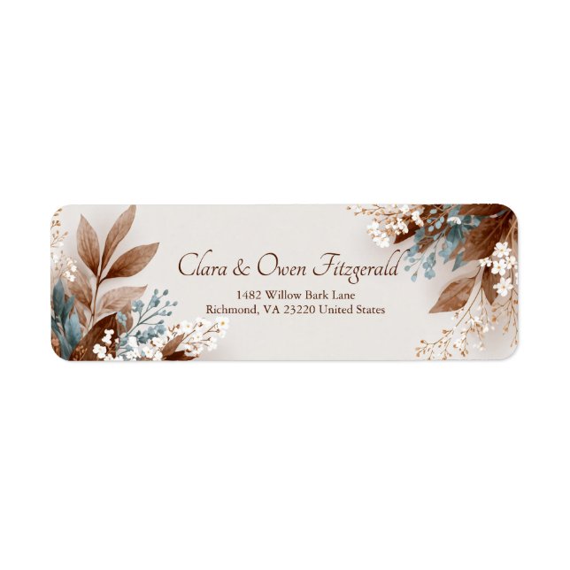 Teal Tan Leaf White Blossom Botanical Return Address Label (Front)