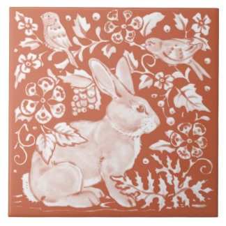 Teal Tan Rust Rabbit Bird Woodland Faces Right Ceramic Tile